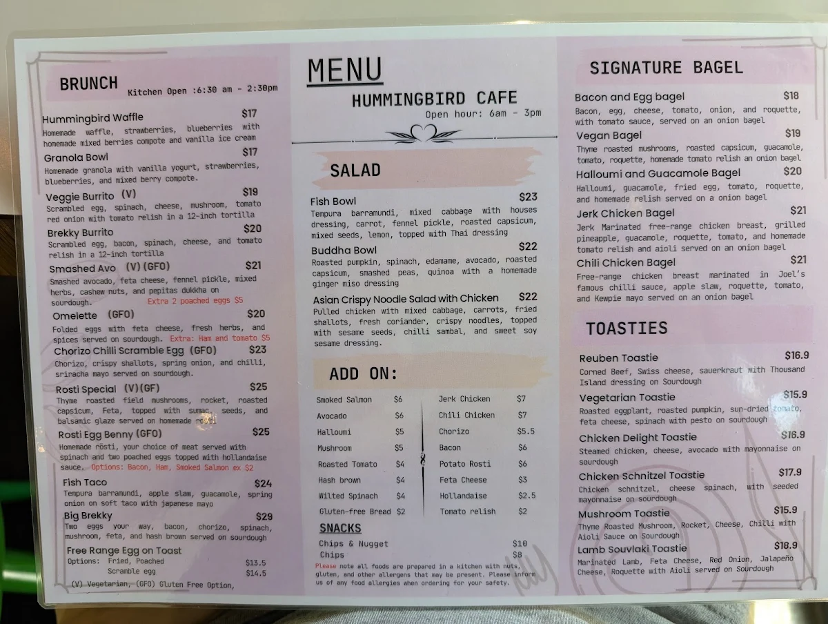 Menu, Hummingbird Elwood