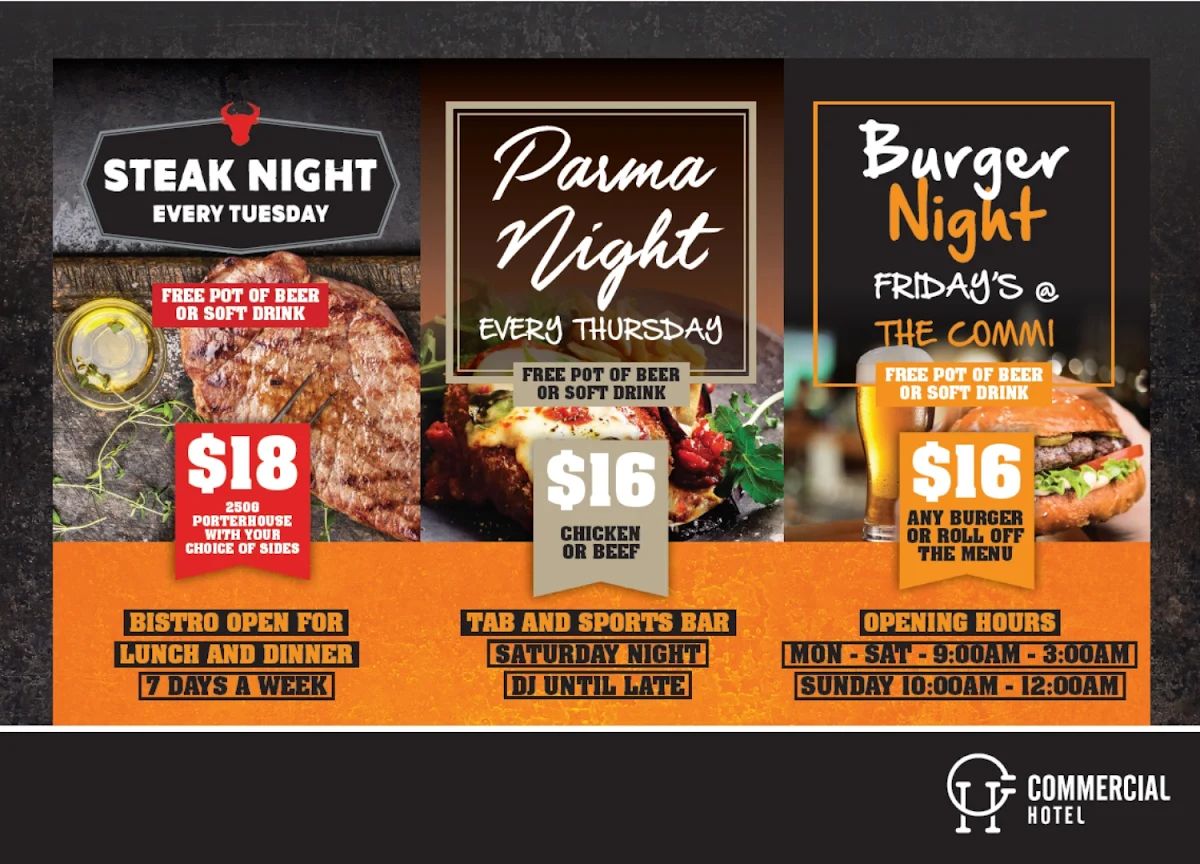 Menu, Commercial Hotel