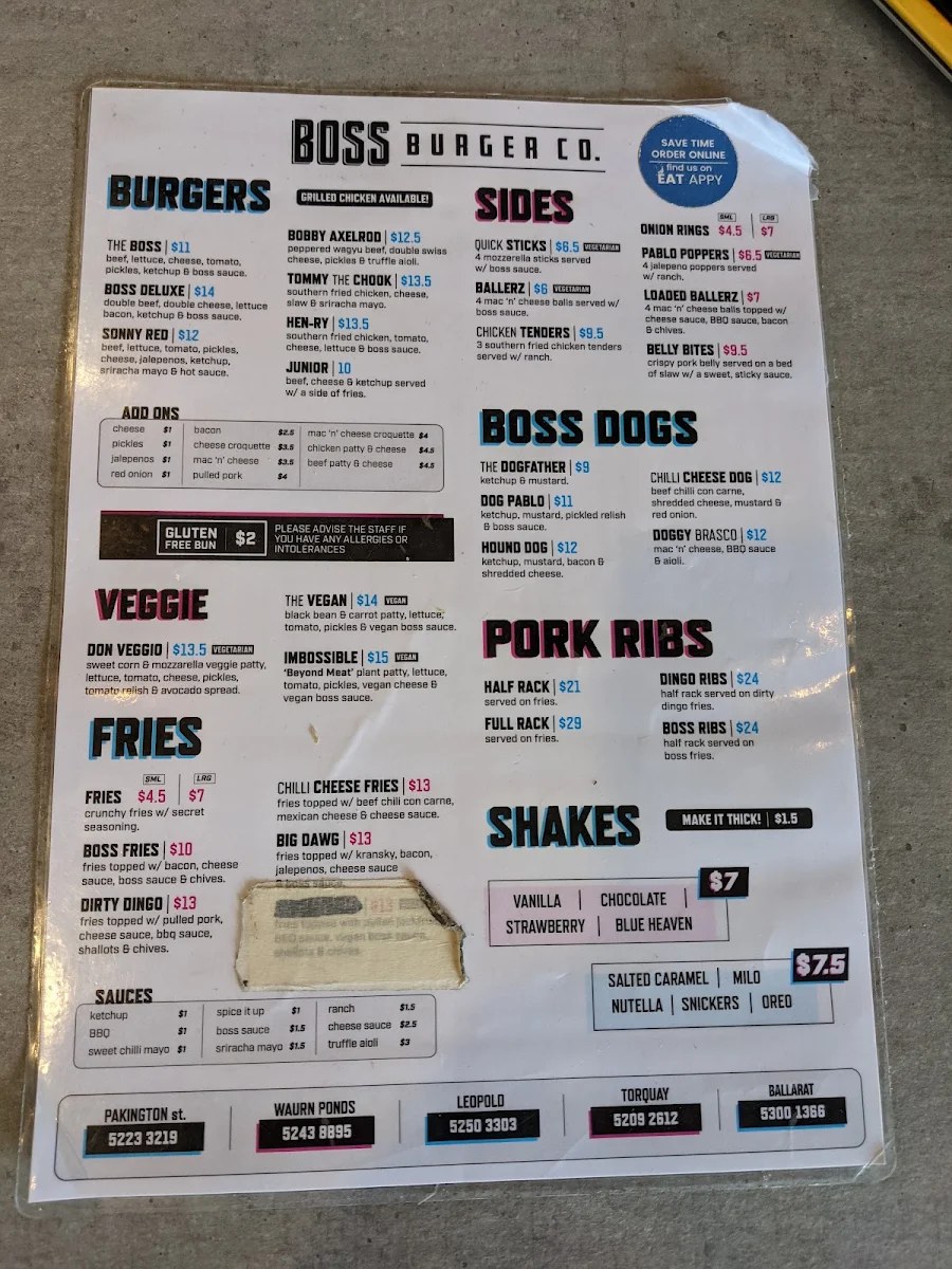 Menu, Boss Burger Co.