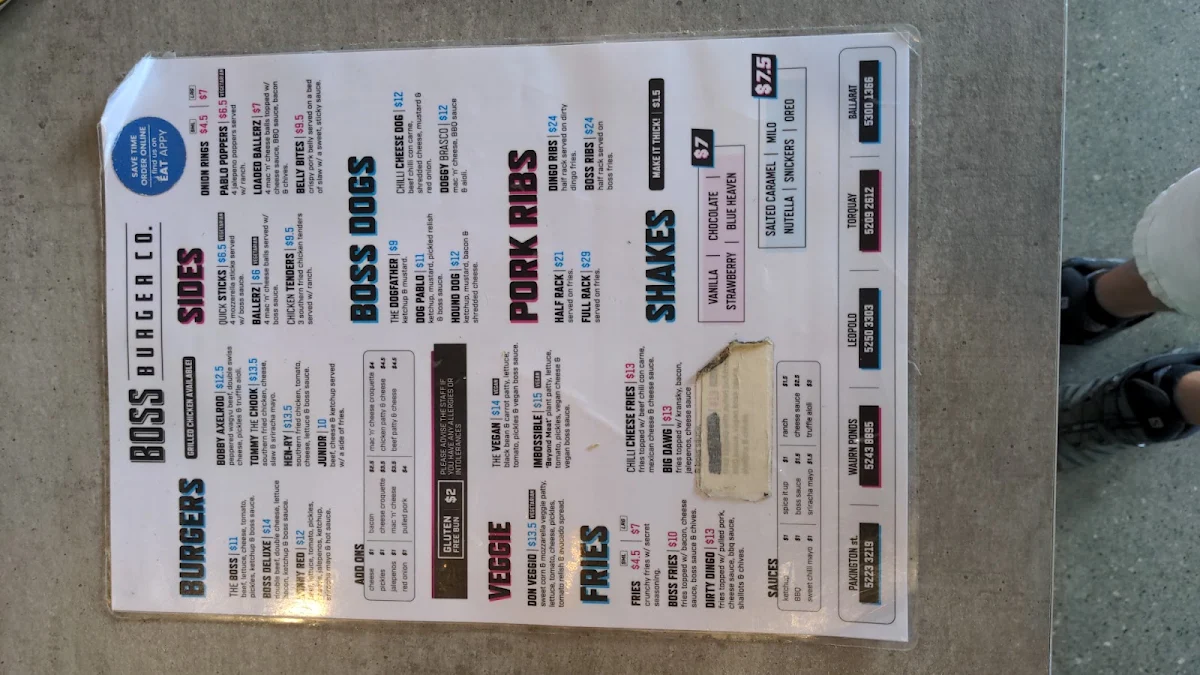 Menu, Boss Burger Co.