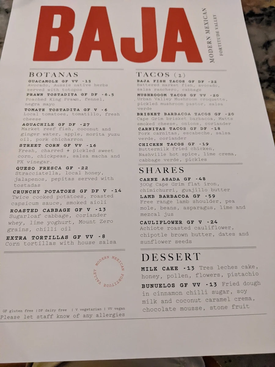 Menu, Baja Modern Mexican