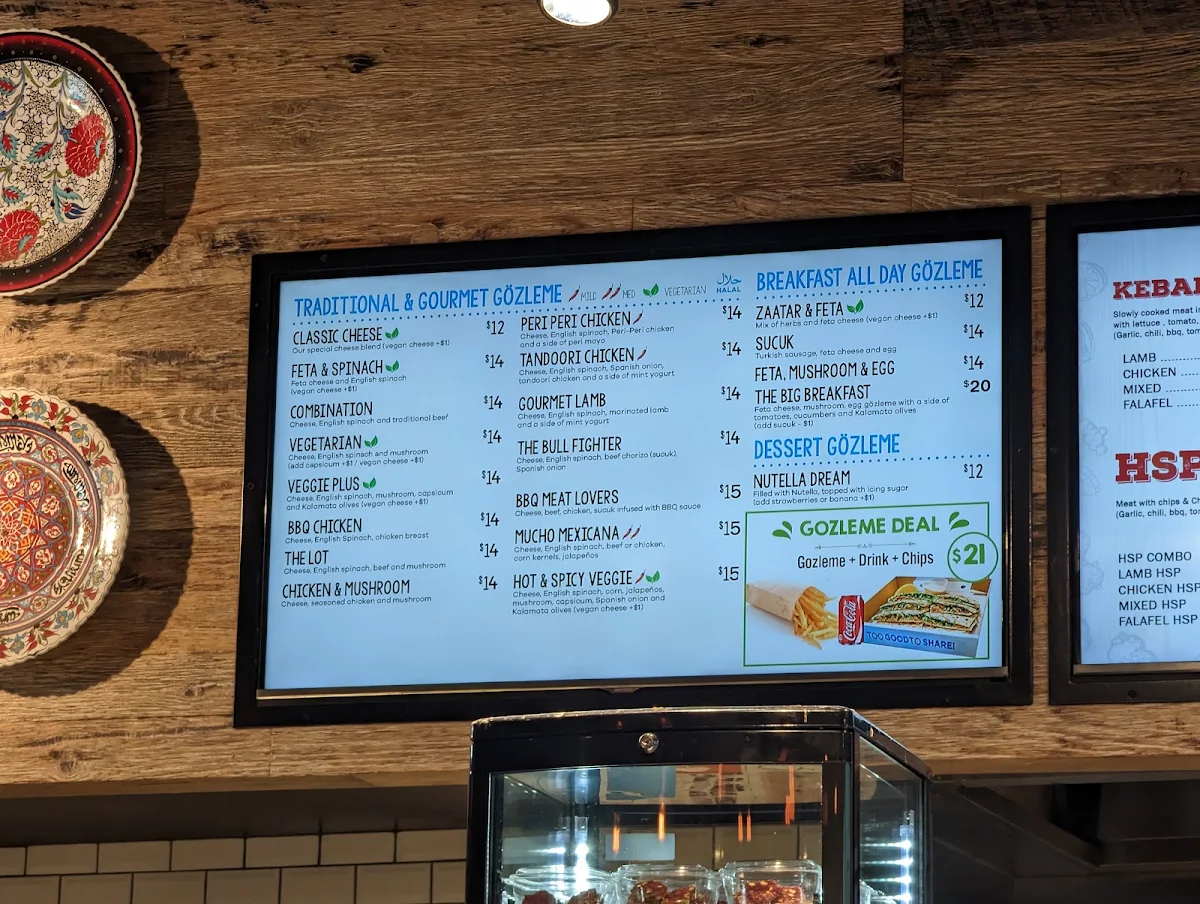 Menu, Gozleme Kebab Docklands