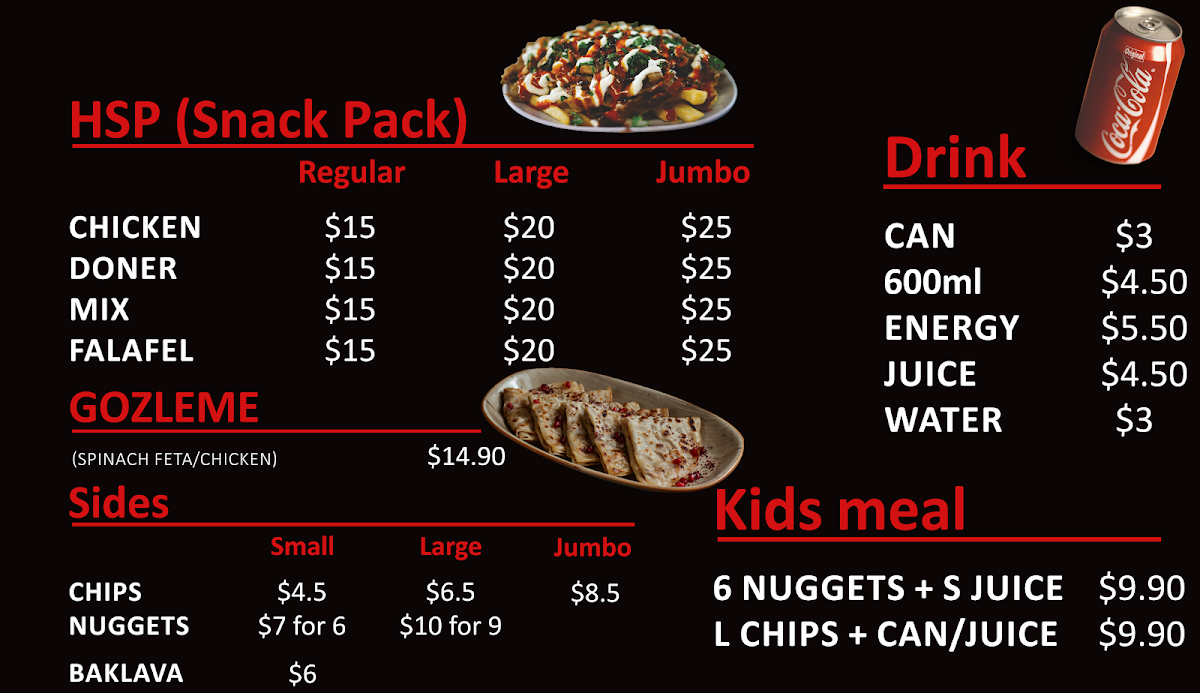 Menu, Sandgate Kebab & ice cream