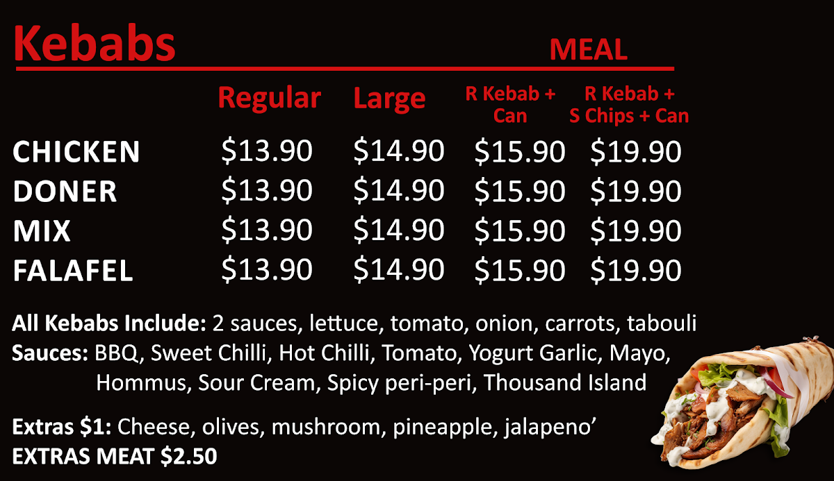 Menu, Sandgate Kebab & ice cream