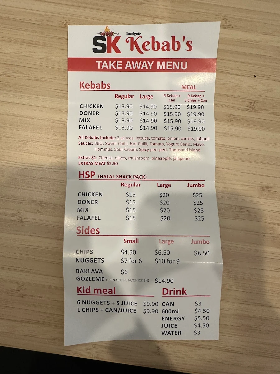 Menu, Sandgate Kebab & ice cream