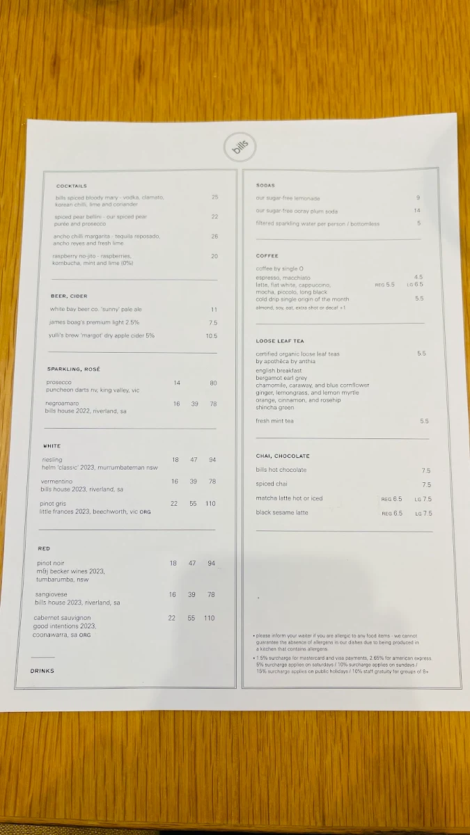Menu, bills