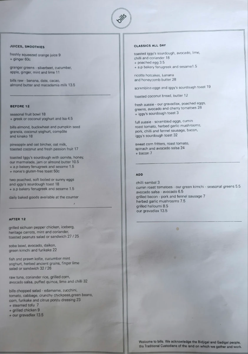 Menu, bills