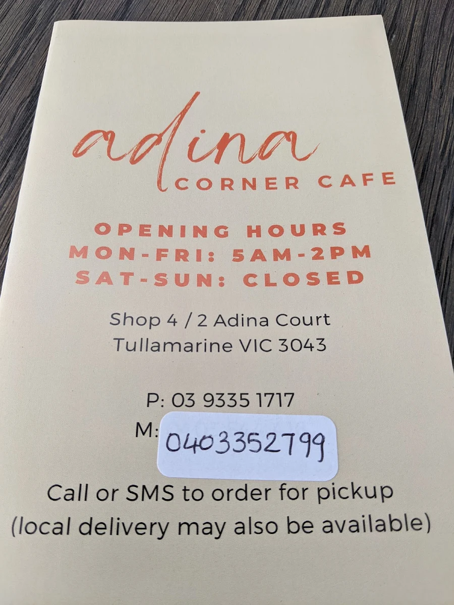 Menu, Adina Corner Cafe