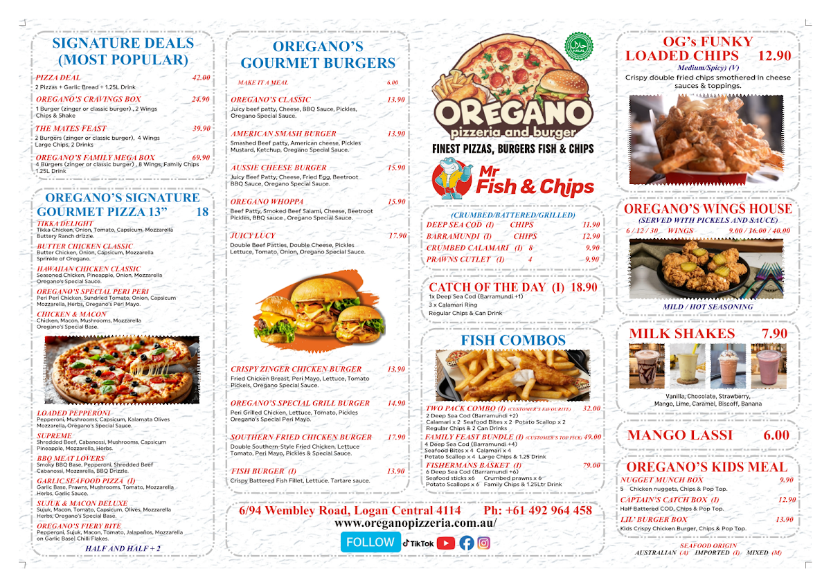 Menu, Oregano Pizzeria & Burgers