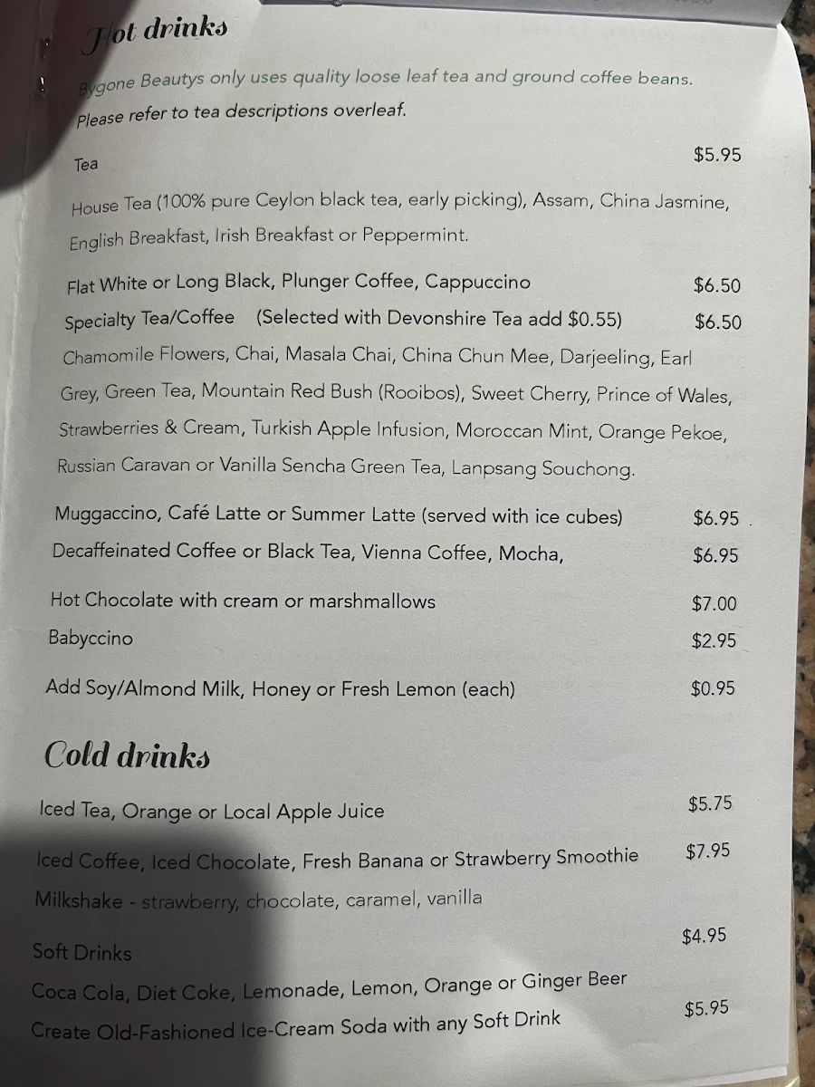 Menu, Bygone Beautys Treasured Teapot Museum & Tearooms