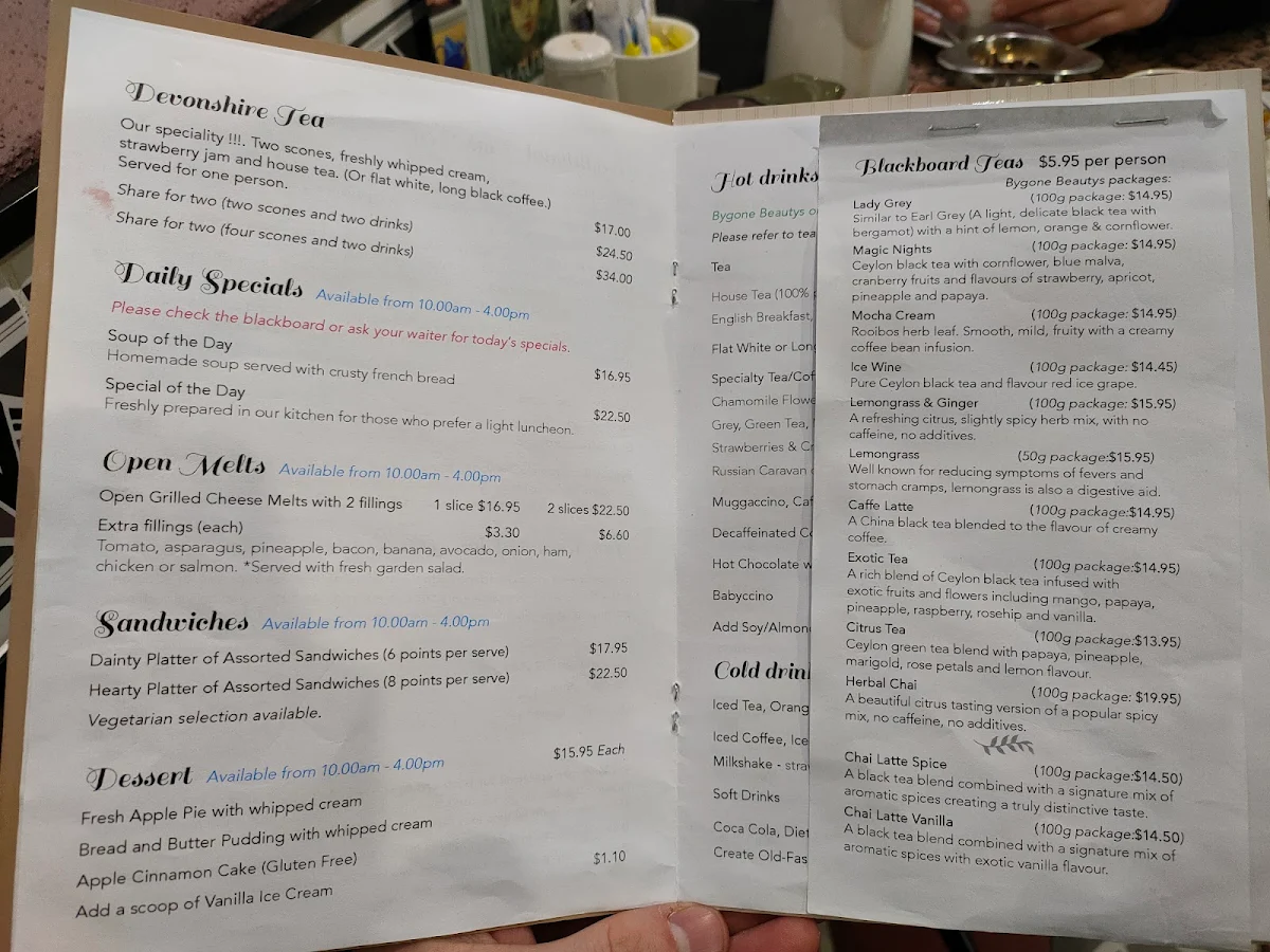 Menu, Bygone Beautys Treasured Teapot Museum & Tearooms