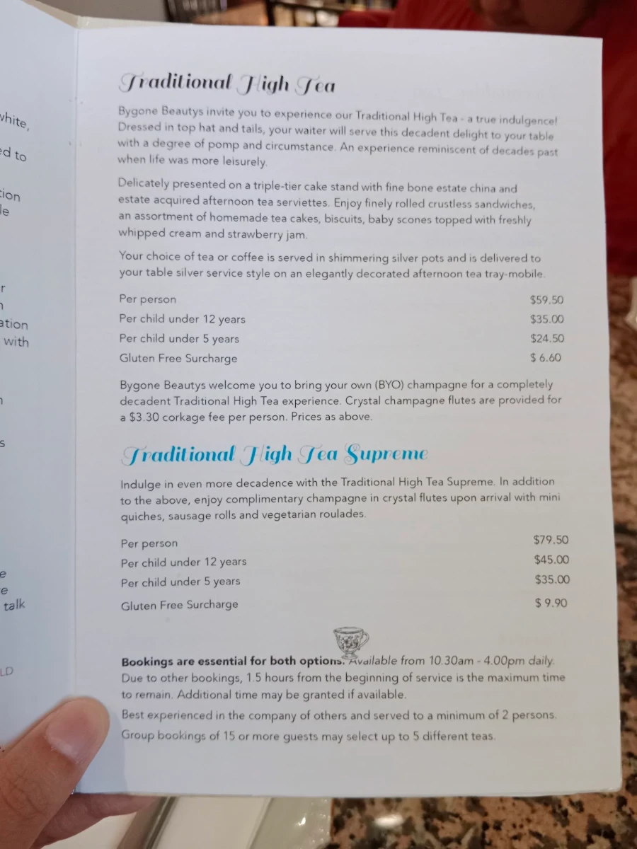 Menu, Bygone Beautys Treasured Teapot Museum & Tearooms