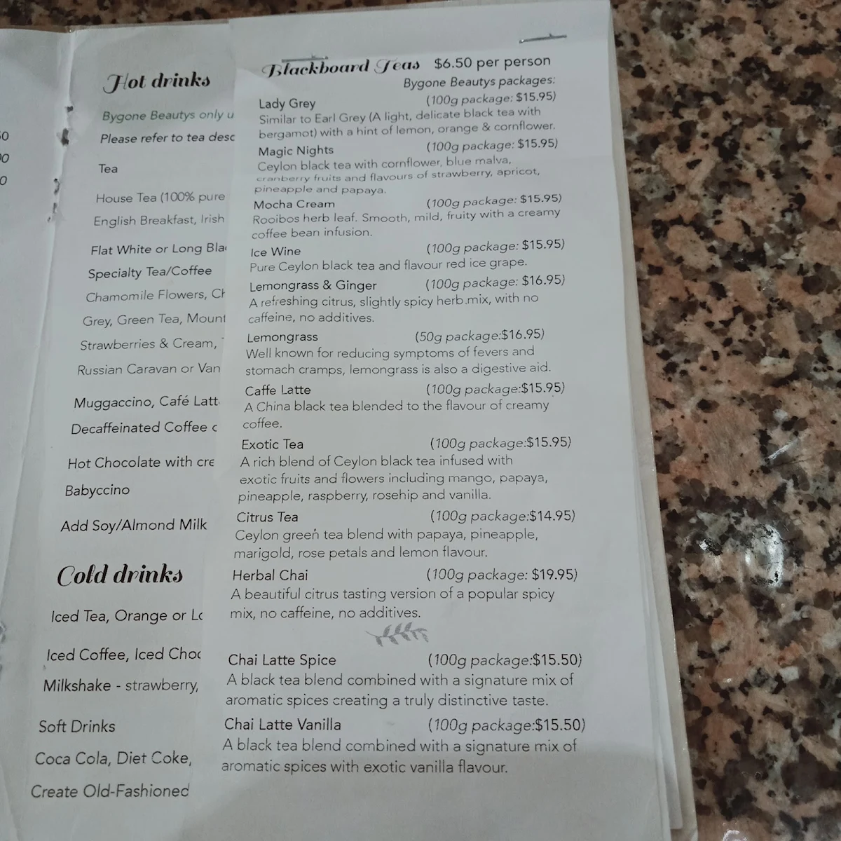 Menu, Bygone Beautys Treasured Teapot Museum & Tearooms