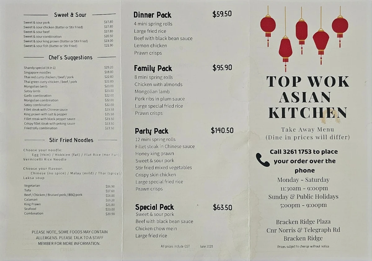Menu, Top Wok Asian Kitchen