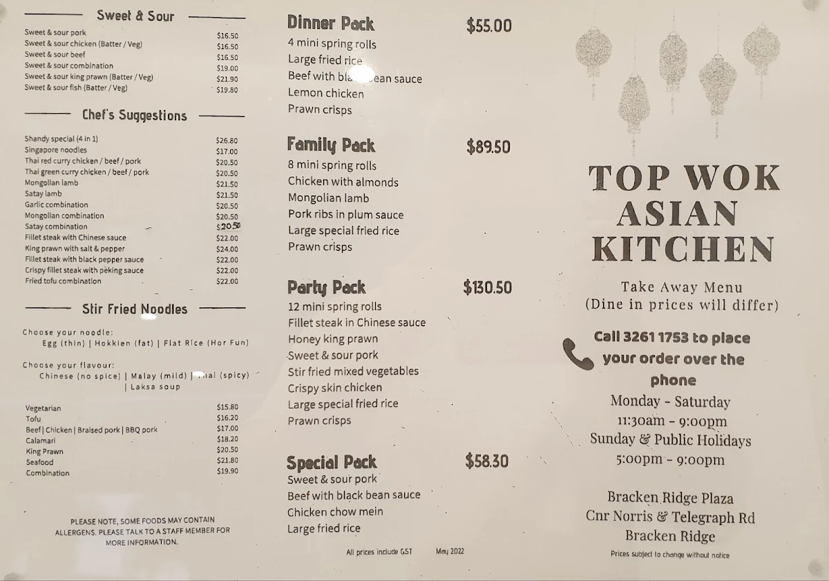 Menu, Top Wok Asian Kitchen