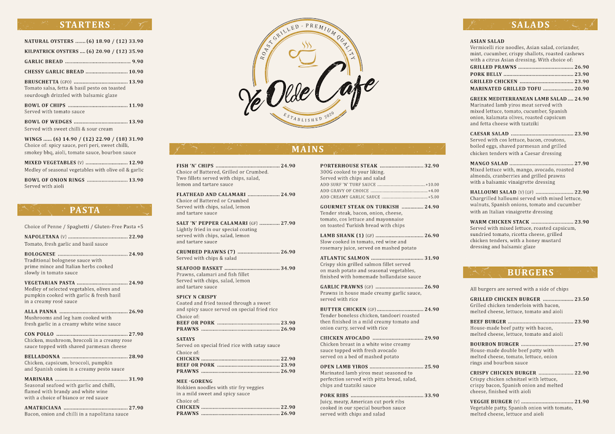Menu, YE OLDE CAFE MOONTA BAY