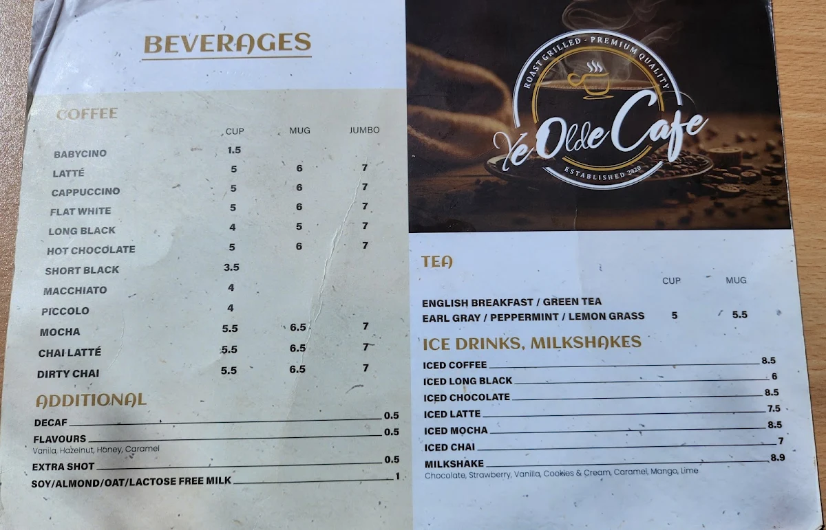 Menu, YE OLDE CAFE MOONTA BAY