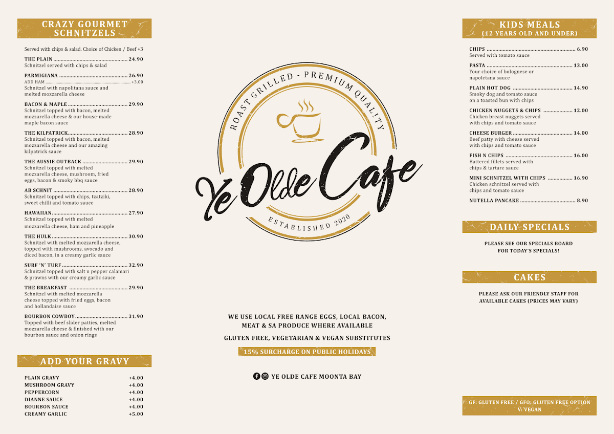 Menu, YE OLDE CAFE MOONTA BAY