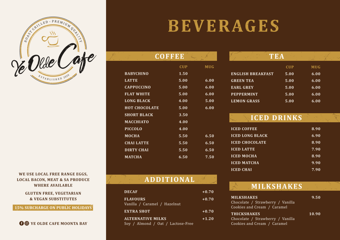 Menu, YE OLDE CAFE MOONTA BAY