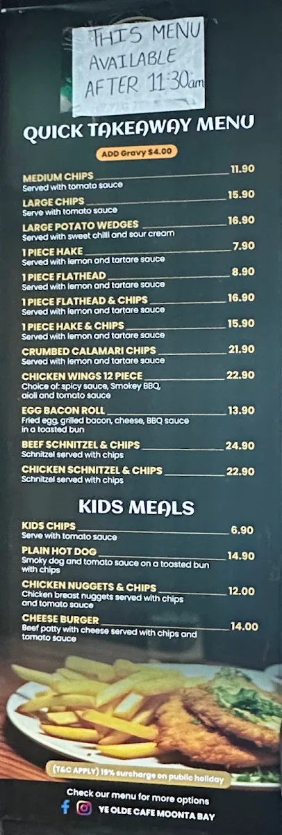 Menu, YE OLDE CAFE MOONTA BAY