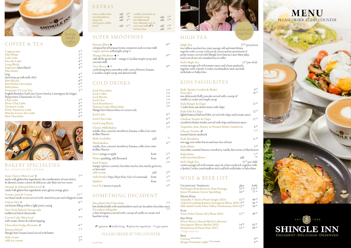 Menu, Shingle Inn Gladstone