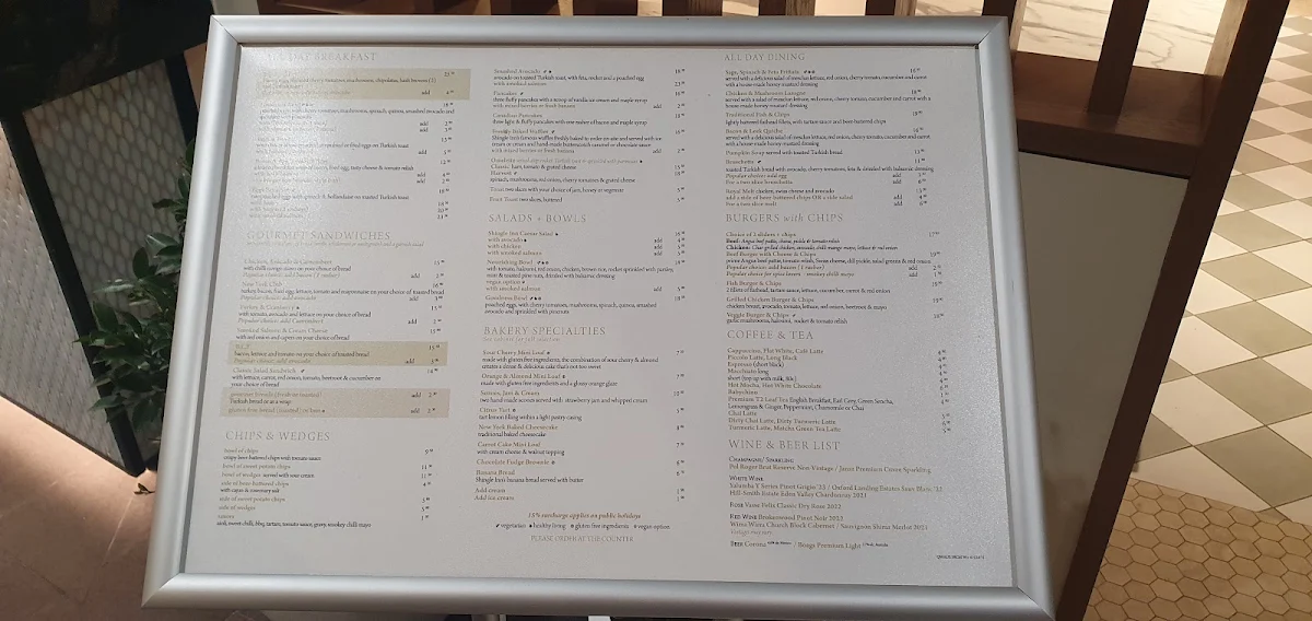 Menu, Shingle Inn Gladstone