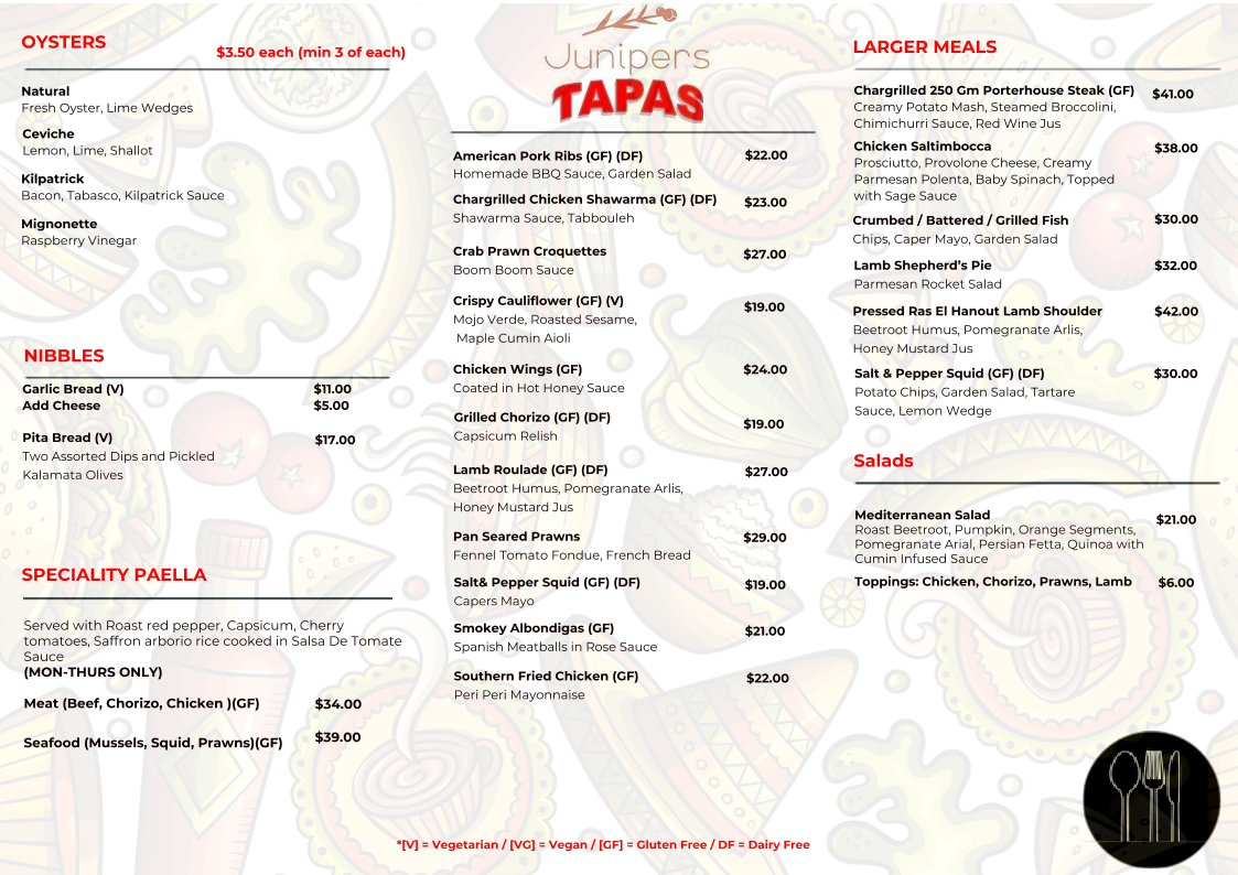 Menu, Junipers on the Marina