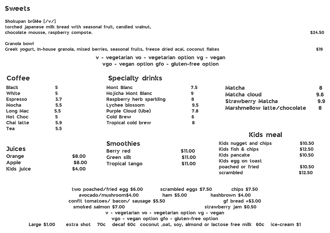 Menu, Cafe L.A