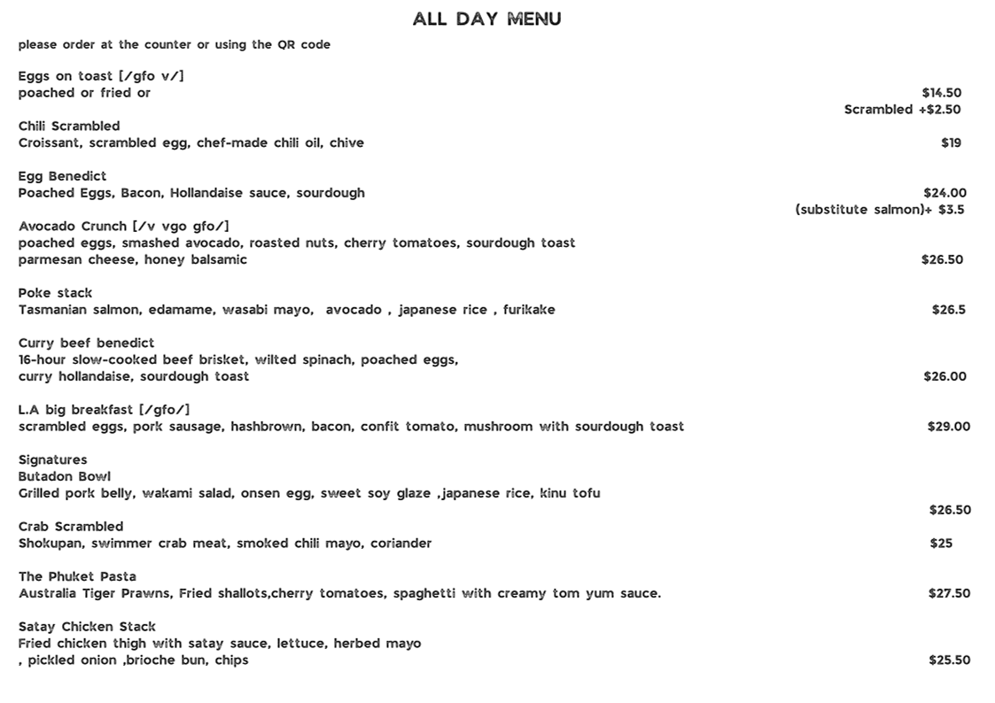 Menu, Cafe L.A