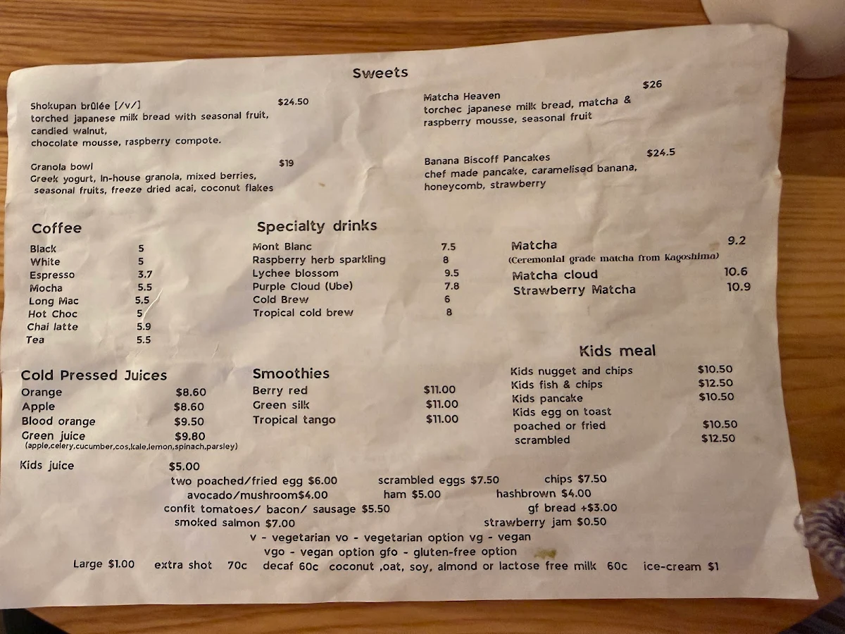 Menu, Cafe L.A