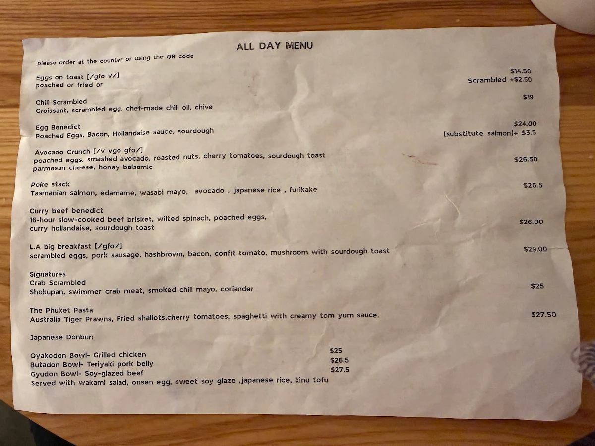 Menu, Cafe L.A