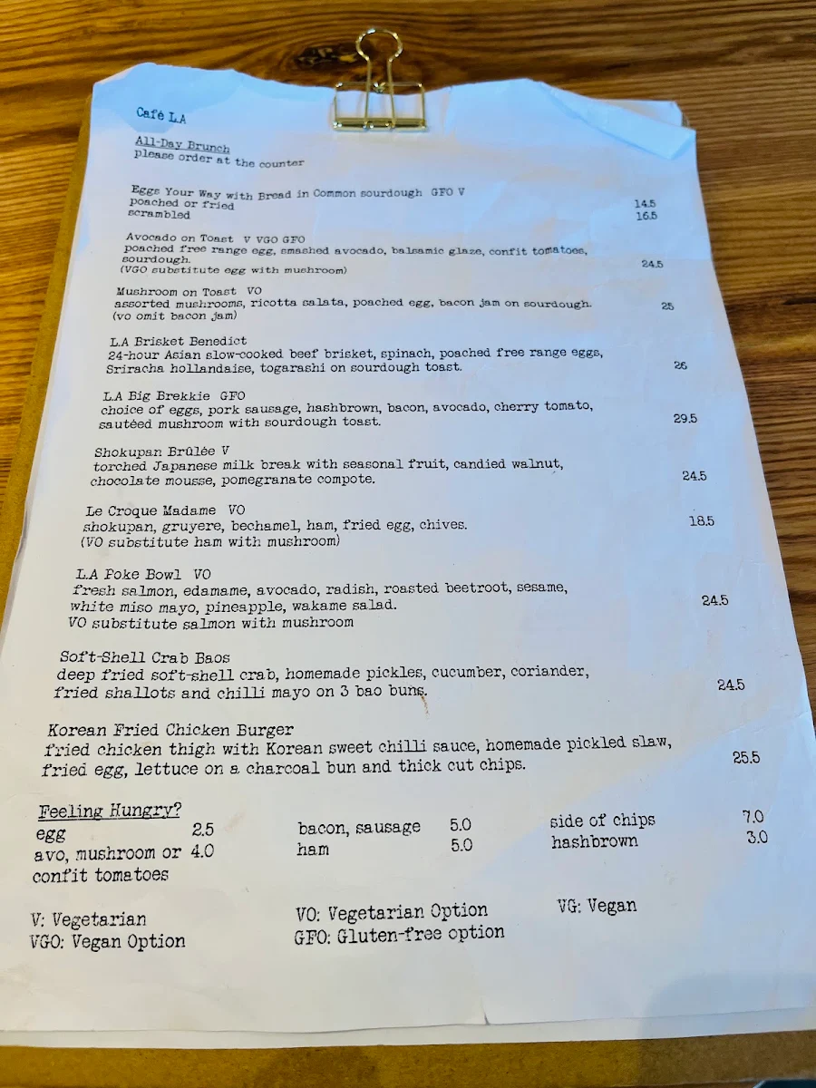 Menu, Cafe L.A