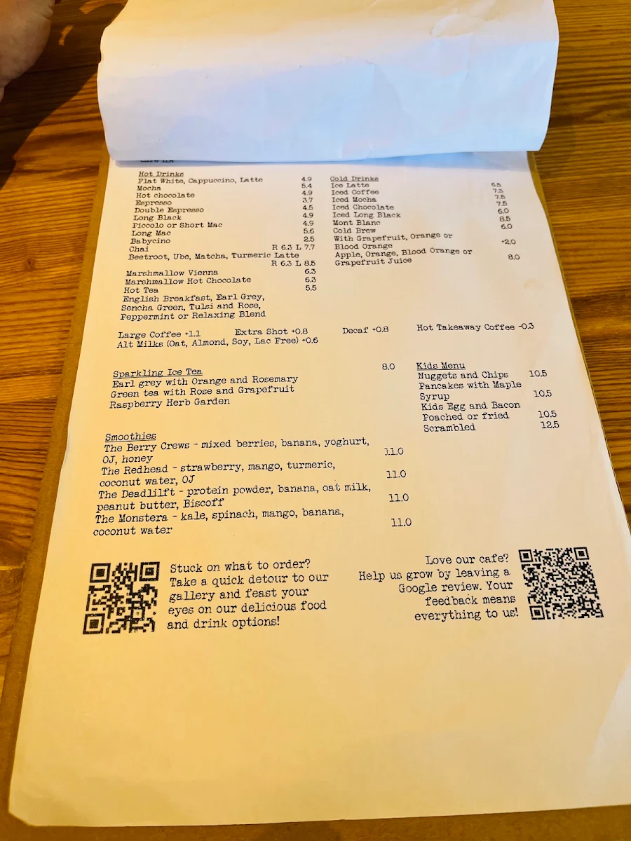 Menu, Cafe L.A