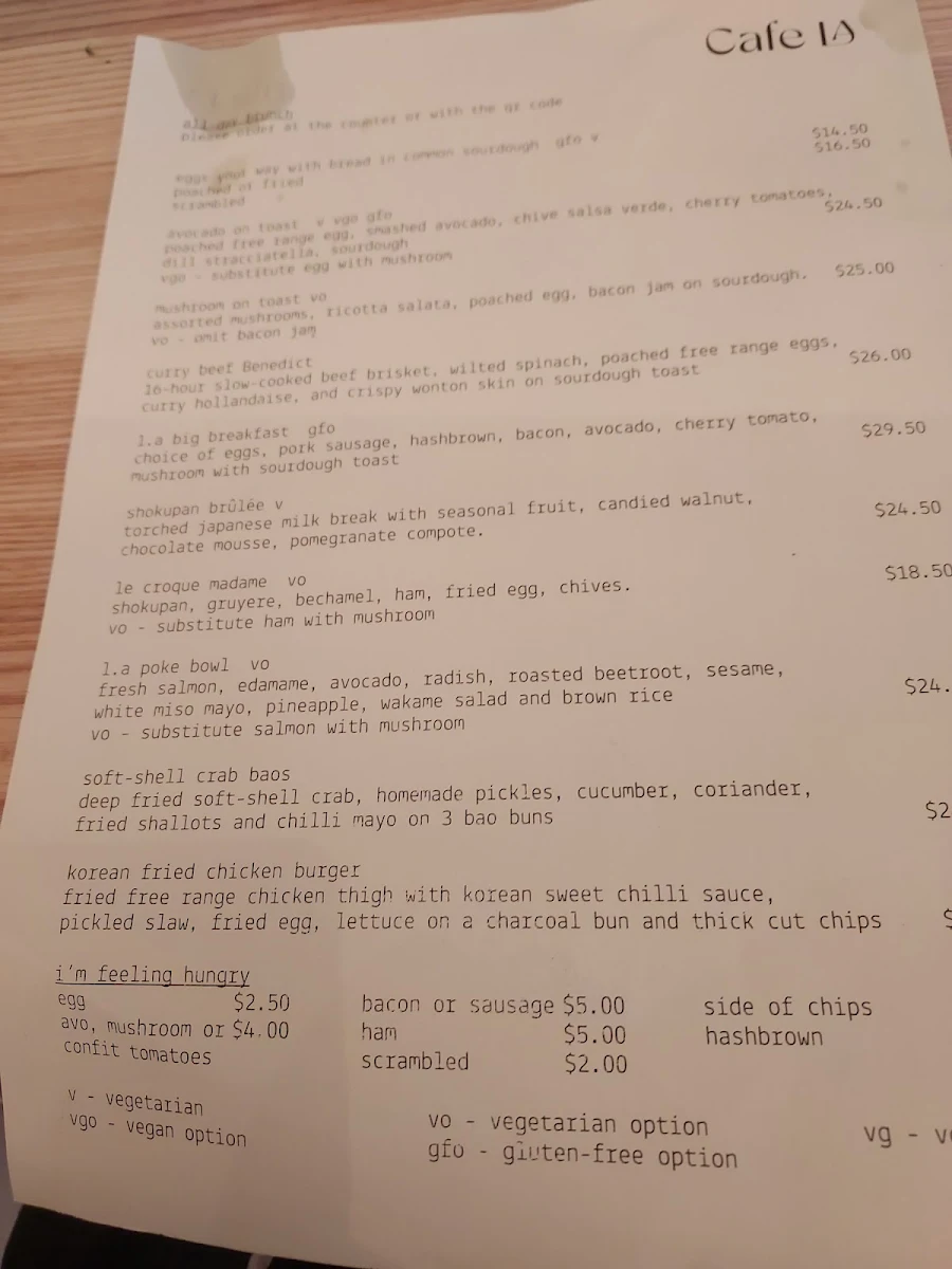 Menu, Cafe L.A