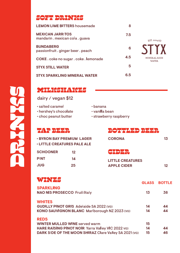 Menu, Sam's Cali Cantina