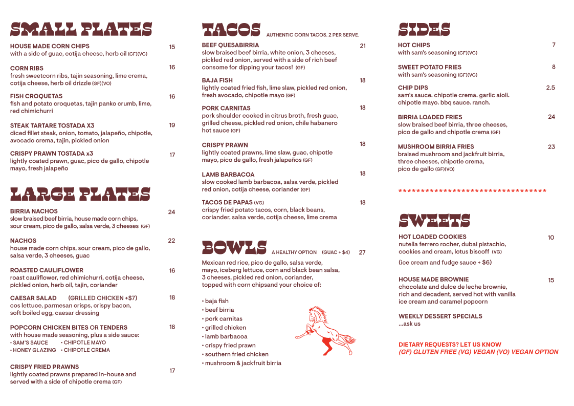 Menu, Sam's Cali Cantina