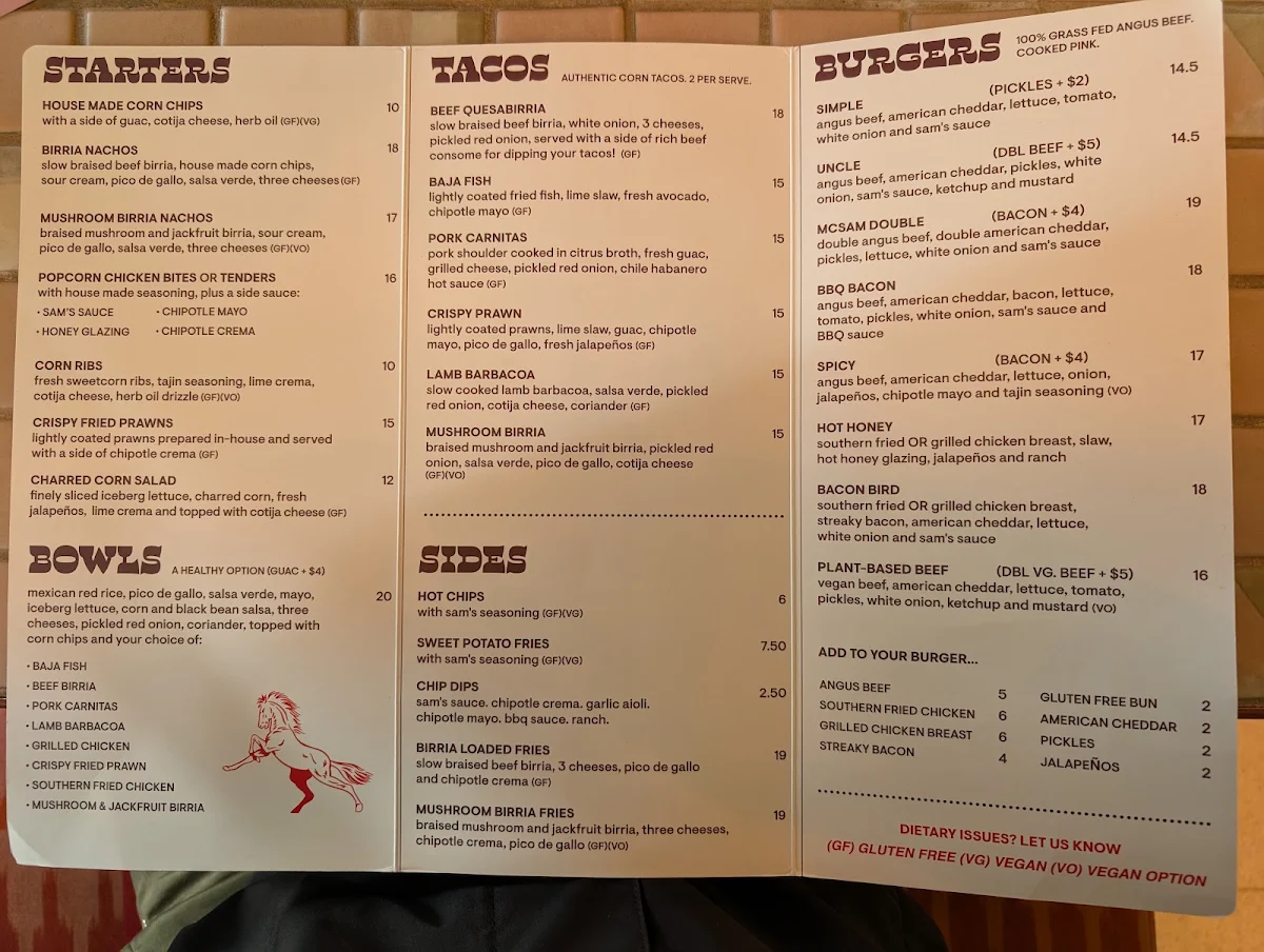 Menu, Sam's Cali Cantina