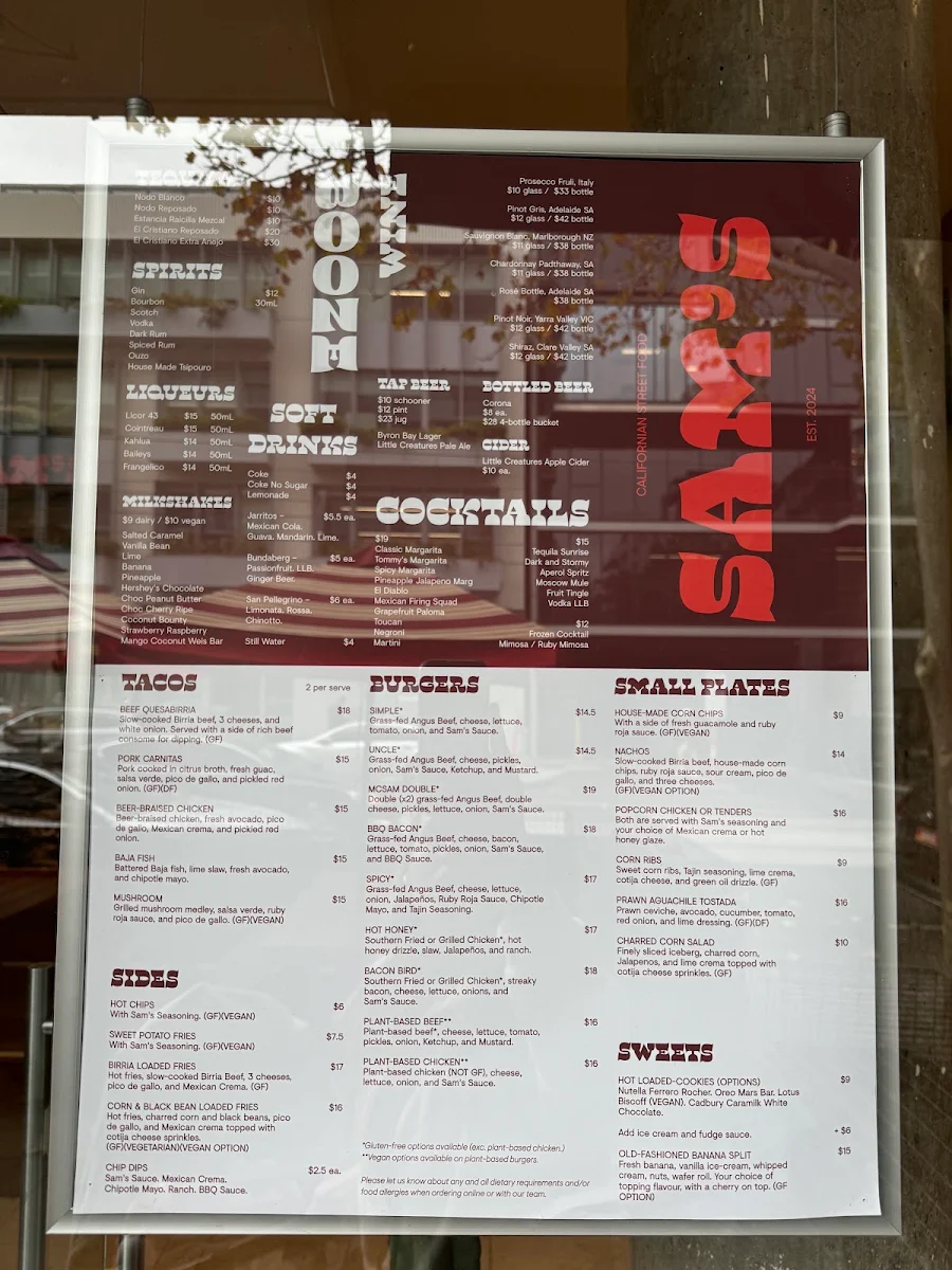 Menu, Sam's Cali Cantina