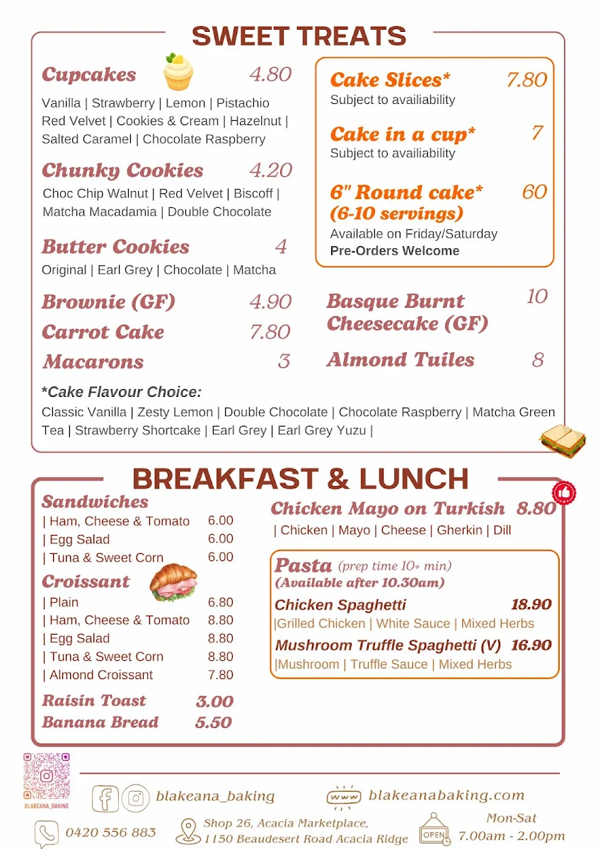 Menu, Blakeana Baking