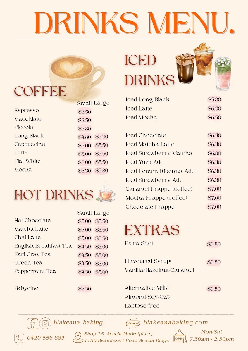Menu, Blakeana Baking