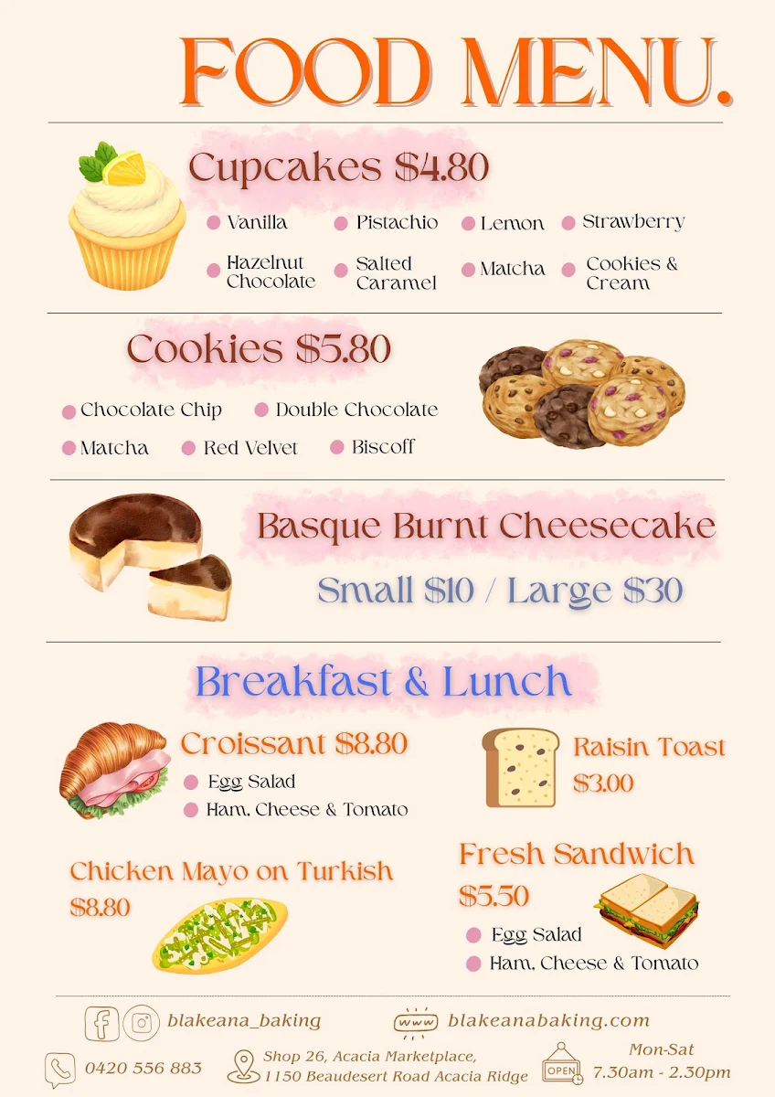 Menu, Blakeana Baking