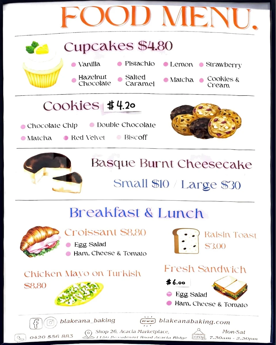 Menu, Blakeana Baking