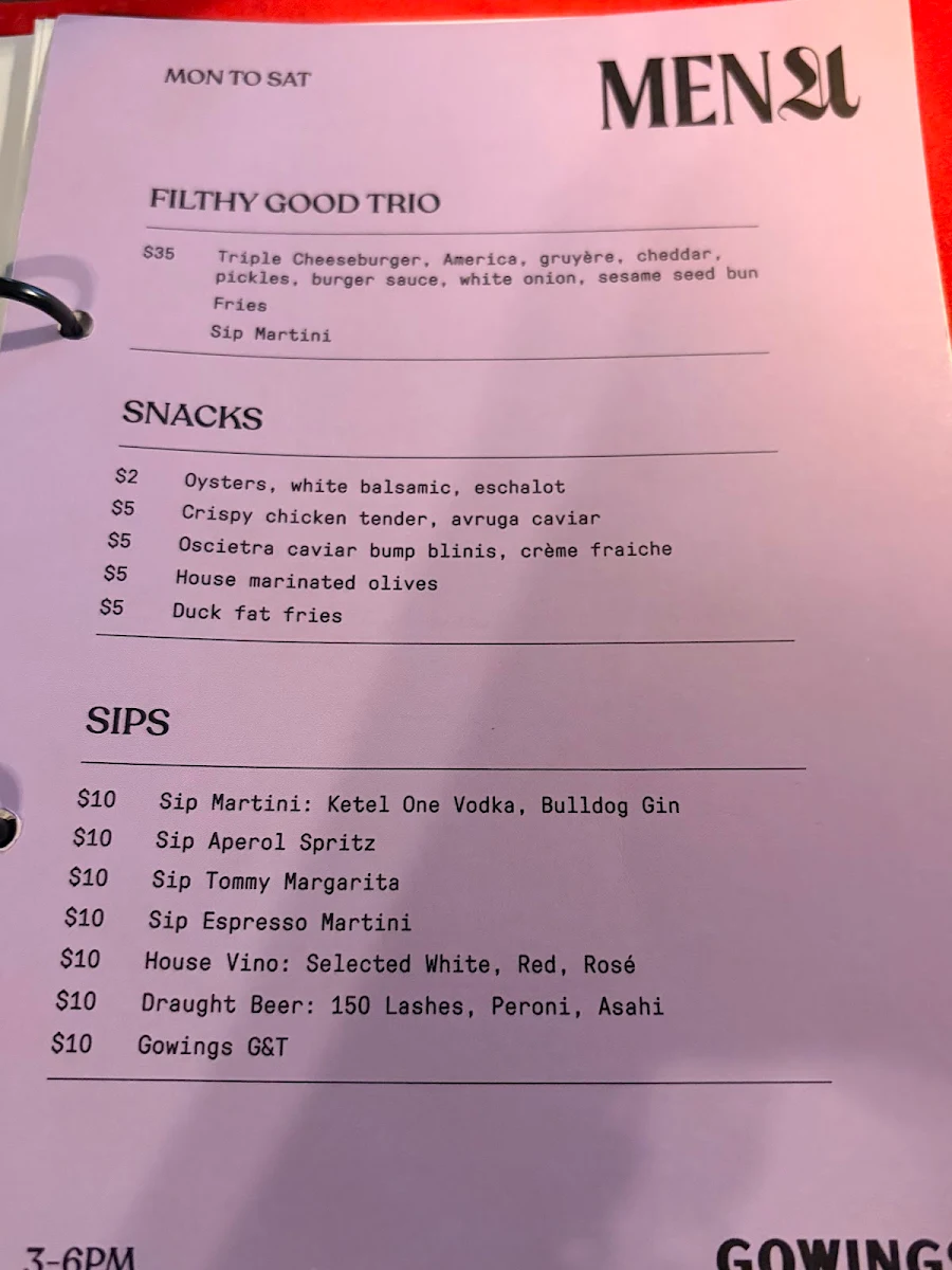 Menu, Gowings