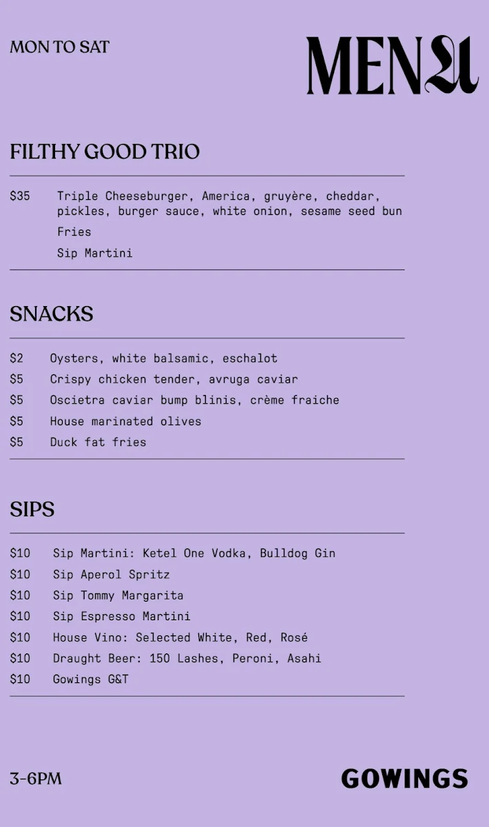 Menu, Gowings