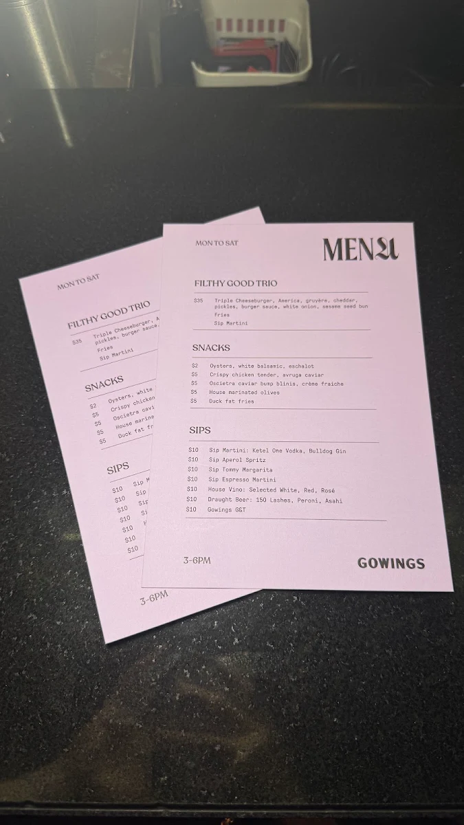 Menu, Gowings