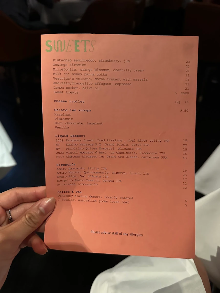 Menu, Gowings