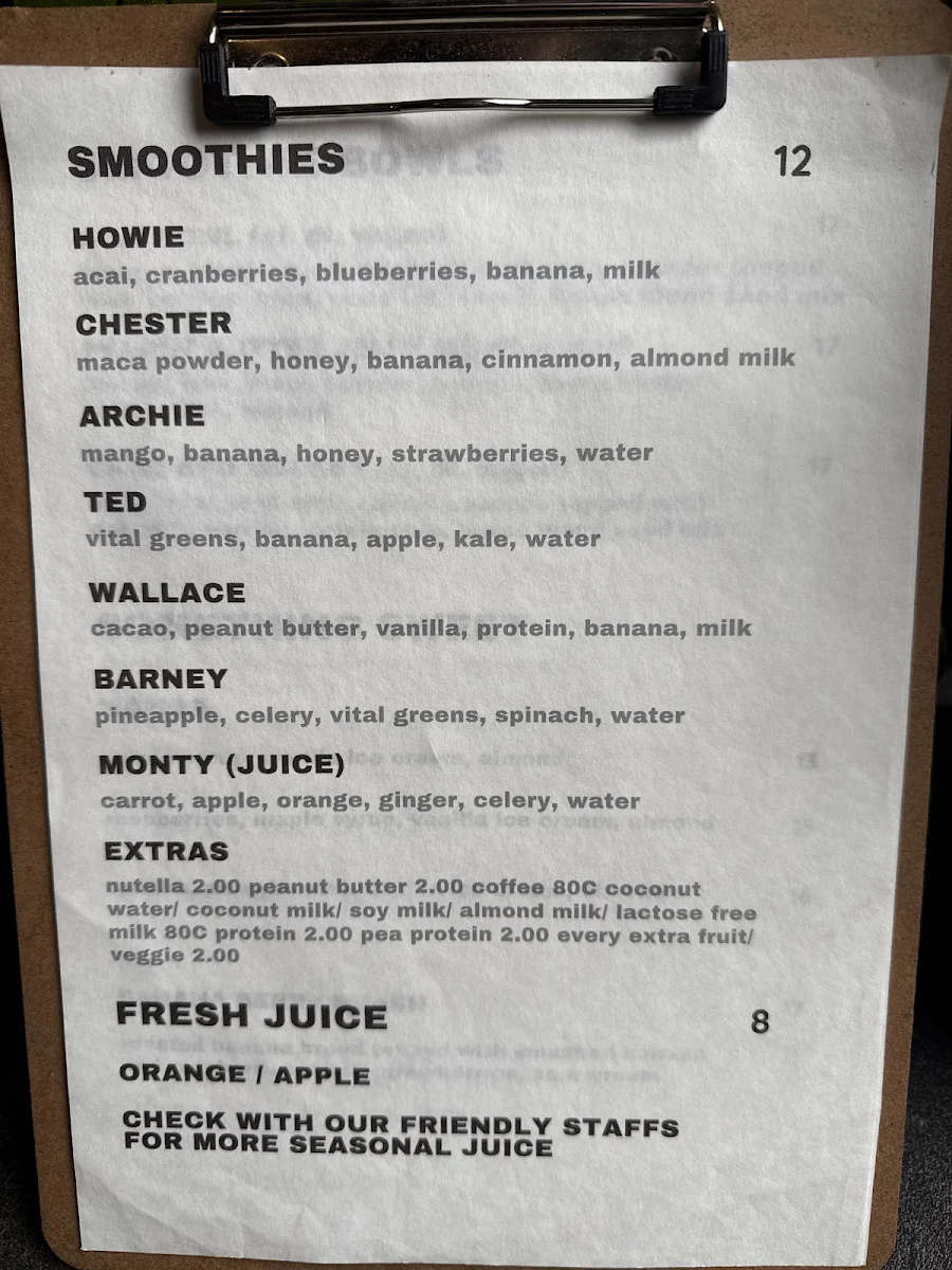 Menu, M&B Cafe & Smoothie Bar