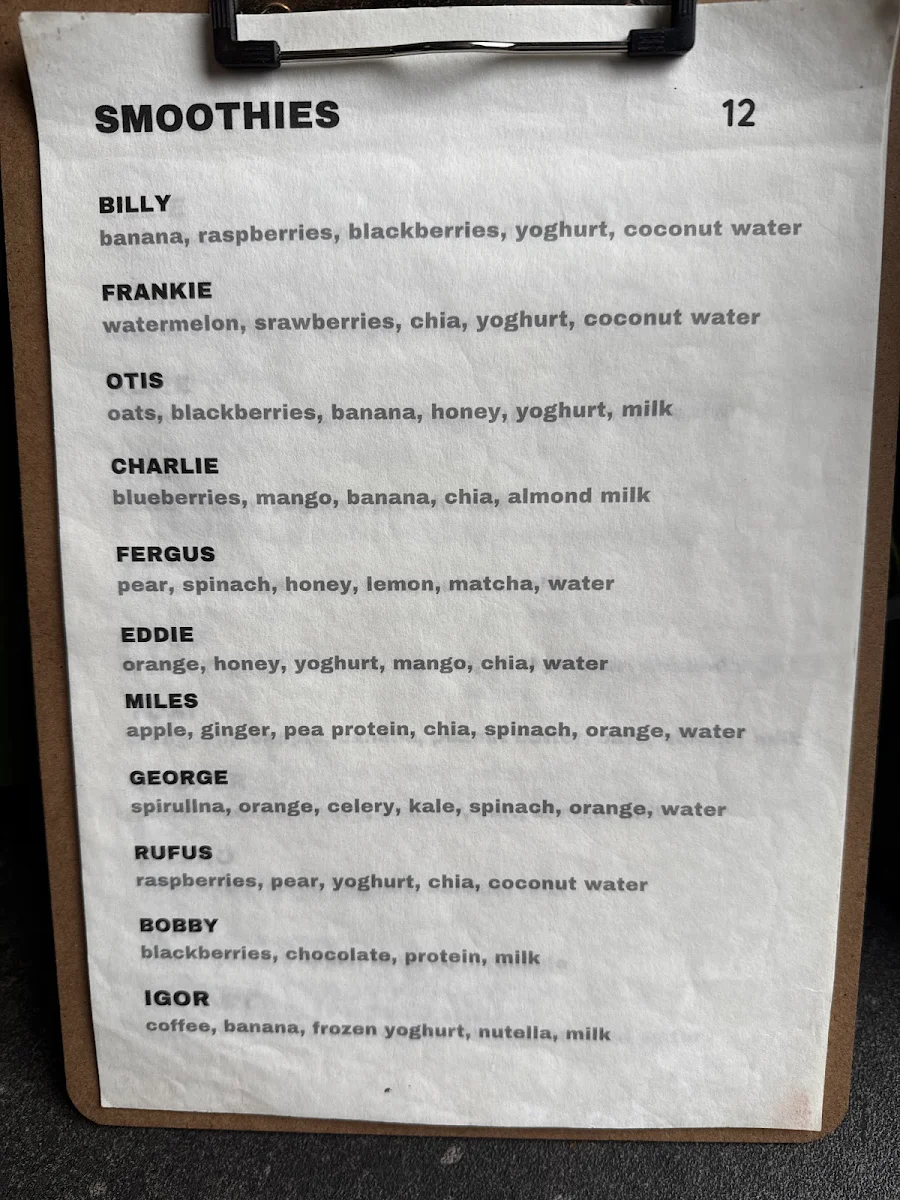 Menu, M&B Cafe & Smoothie Bar