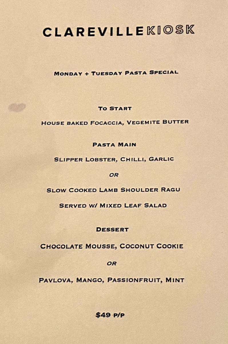 Menu, The Clareville