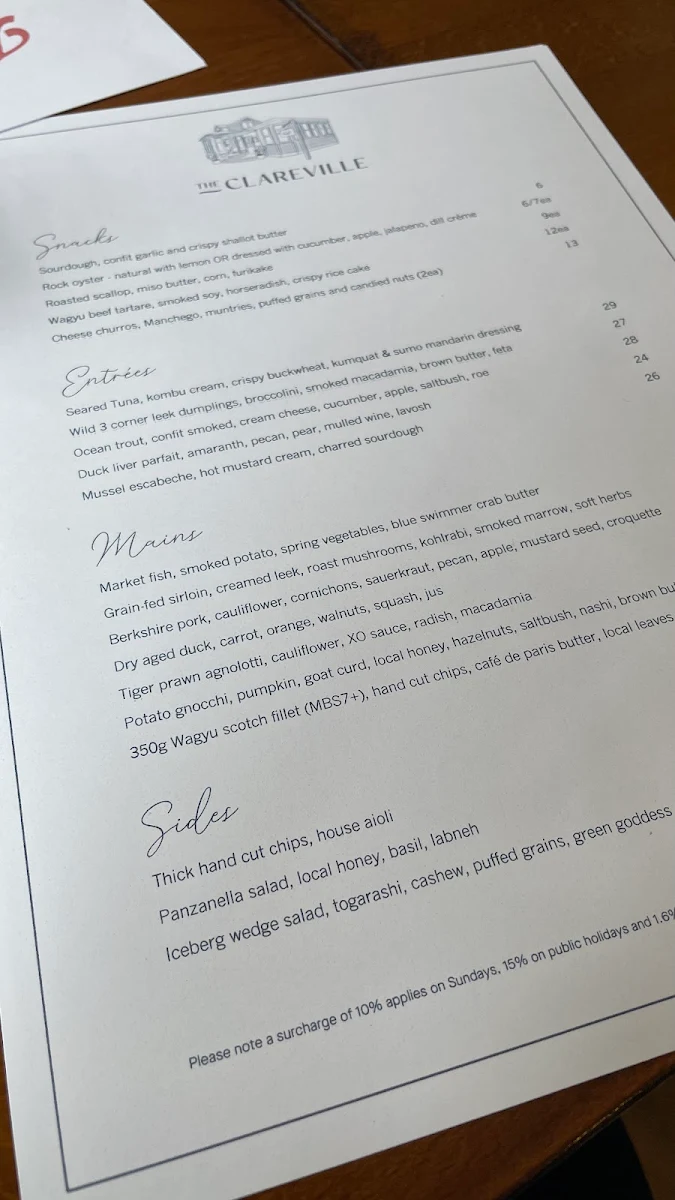 Menu, The Clareville